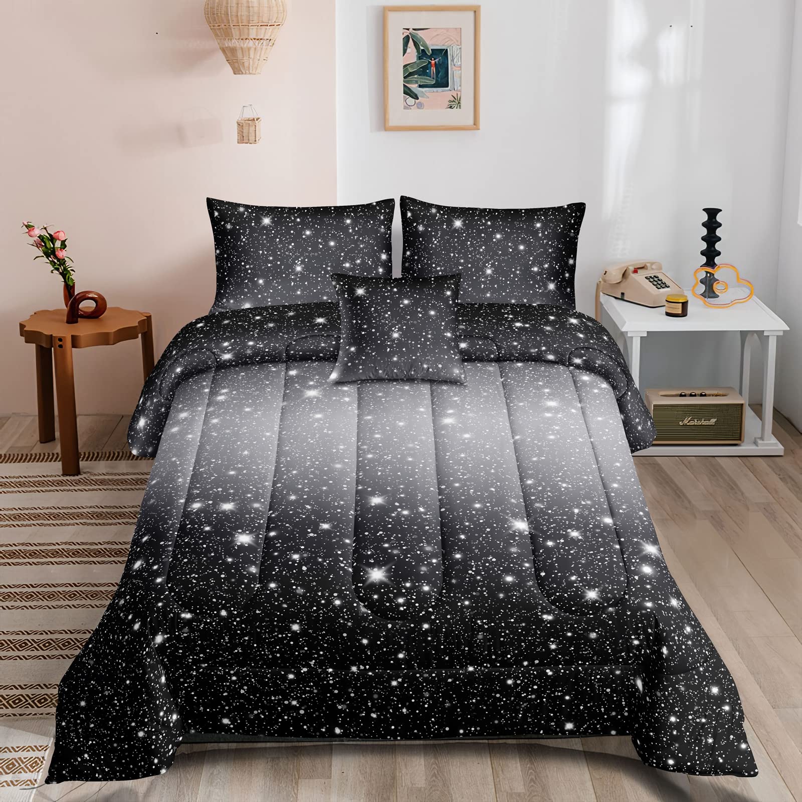 Rowadalo 6 Pieces Black Grey Glitter Sparkles Comforter Set Full Size,Galaxy Starry Sky Bedding Sets 6 Pcs Bed In A Bag For Kids
